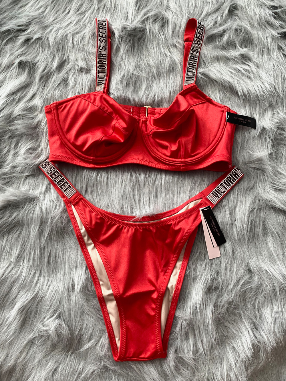 Victoria's Secret Swim Suit Shine Strap Red Wicked Top Bottom Bikini Set 32DDD L